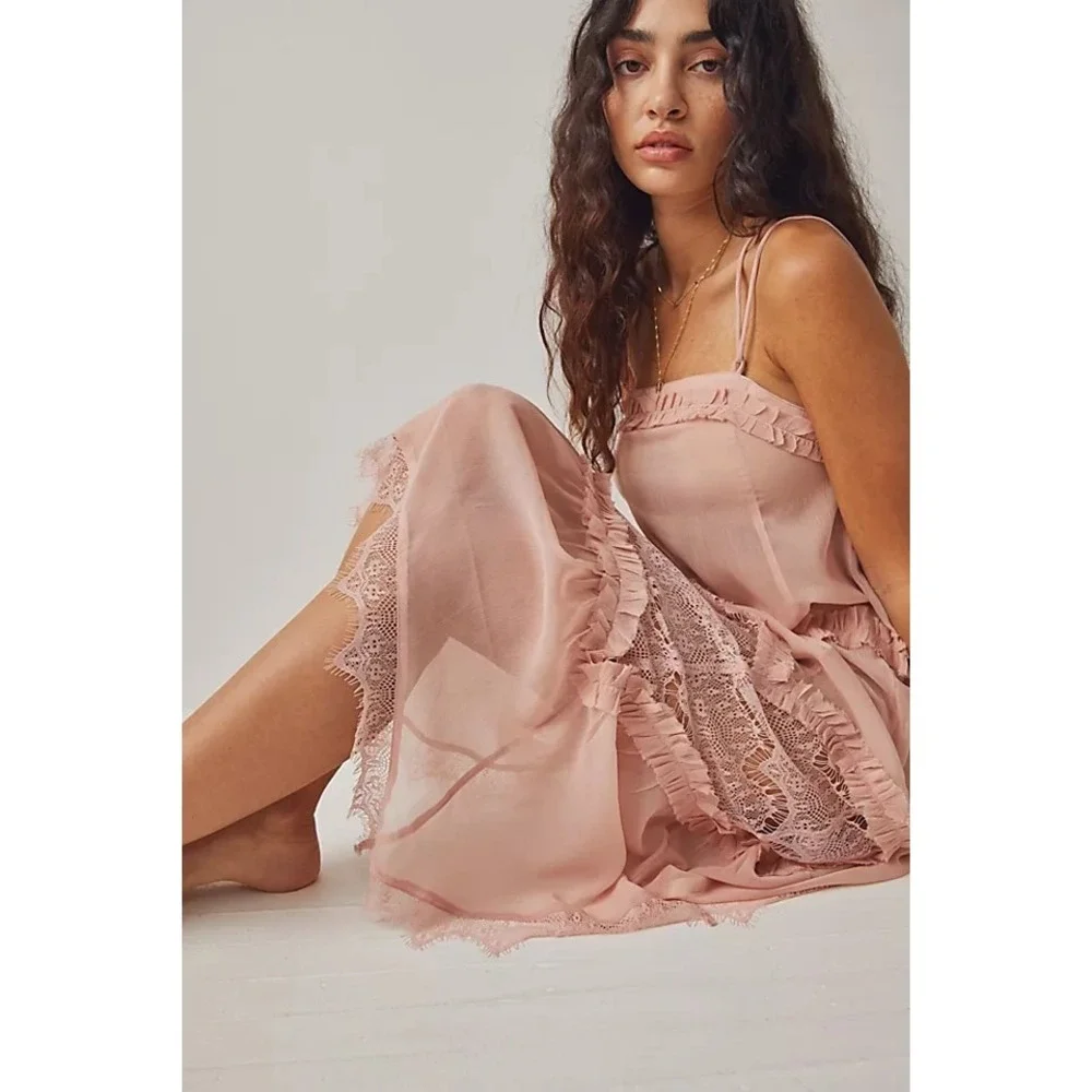 Free People Intimately Halfway There Maxi Slip Dress Boho Coquette Sheer